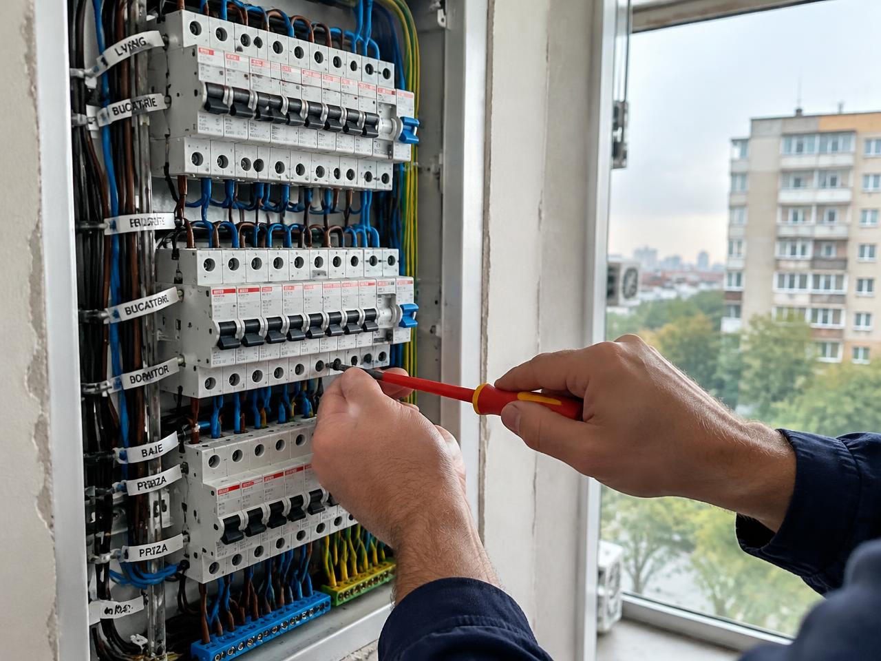 Electrician lucrând la un tablou electric într-un apartament din București